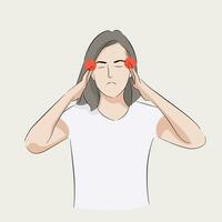 woman holding head feeling unwell migraine symptom vector