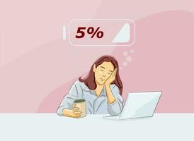 Office girl fatigue tired working holding cup coffee need to rest sleep vector