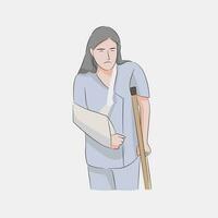 mujer lesionado difícil en caminando con vendaje en pierna y brazo, en recuperación proceso desde hospital vector
