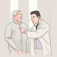 retrato de médico médico es examinando físico síntoma de mayor paciente en examen habitación, facultativo médico utilizando estetoscopio a salud chequeo para mayor antiguo hombre, cuidado de la salud y ocupación vector