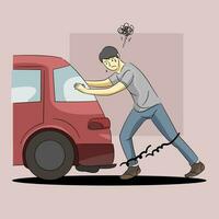 Driver push a broken car, car need service engine stop, need towing and repair in garage vector