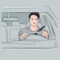 medio adulto hombre sonriente mientras conducción coche. contento hombre sensación cómodo sentado en conductor asiento en su nuevo coche. sonriente maduro empresario con asiento cinturón en conduciendo. vector