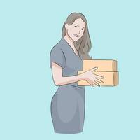 office lady standing pose carry box smiling vector