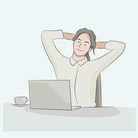 mujer en relajarse actitud contento sonriente a oficina escritorio, terminar trabajo asignación gratis vector