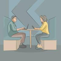 man and woman sitting together working together face to face vector