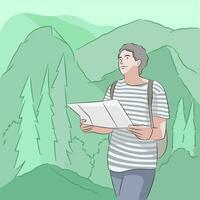 man holding a map looking for directions during an outdoor tourist trip looking for directions vector