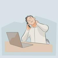 hombre hablando en el teléfono trabajo excesivo estresado cansado y cuello esguince herir vector