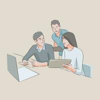 man and woman office worker talking discussing in office table with laptop and tablet vector