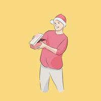 man standing smiling opening Christmas gift vector