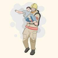 Firefighter rescue children from heat fire smoke vector