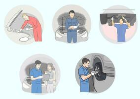 Mechanic fix automobile in workshop maintenance vector