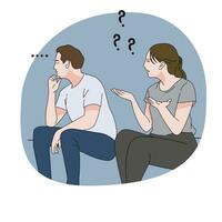 couple sitting on sofa talking argue with question marks man ignoring vector