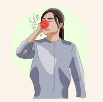 Unhealthy woman blowing nose suffer from flu or cold sick people struggle with health problems vector