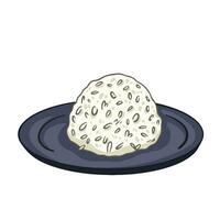 A portion of round white rice on top of dark gray round plate vector illustration outlined isolated on square white template. Simple flat outlined cartoon art styled food drawing.