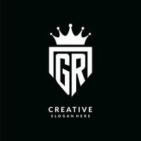 Letter GR logo monogram emblem style with crown shape design template vector