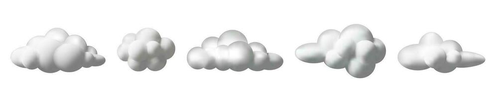 3D render set of fluffy clouds. Realistic modern collection of icons in clay style. Vector illustration white element on blue sky background. Soft heaven. Meteorology symbols of cloudy weather