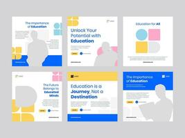 School Education promotion collection with square banner or social media post feed template vector