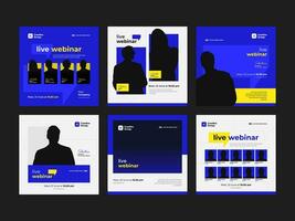 Blue Modern Event Live Webinar Media Promotion Set with Square Banner and Social Media Post Feed Template vector