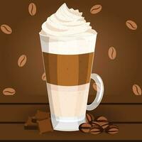 Macchiato Latte with Whipped Cream on Coffee Background served with Chocolate and Coffee Beans vector