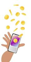 Crypto currency technology concept. Hand holds mobile phone with cryptocurrency bitcoin for trading, buying, selling, mining bitcoins and transfer to personal wallet. Isolated vector illustration