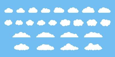 White cloud shape on blue sky set, weather icon. Simple flat style of different clouds. Graphic element collection for web and print. Vector illustration