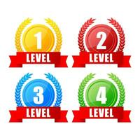 1,2,3,4 level up sign. Game label, award, rating. Level results. Vector illustration.