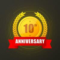 10 years anniversary gold button, label, logo on black backgrouund. Vector illustration.