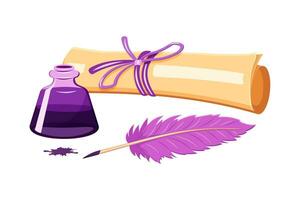 Scroll of old paper with inkwell and feather. Vector illustration on the theme of poetry. Ancient writing materials