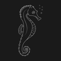 White outline of seahorse on black background. Linear illustration of an underwater inhabitant vector