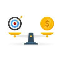 Flat target vs money on scales. Time management. Vector illustration