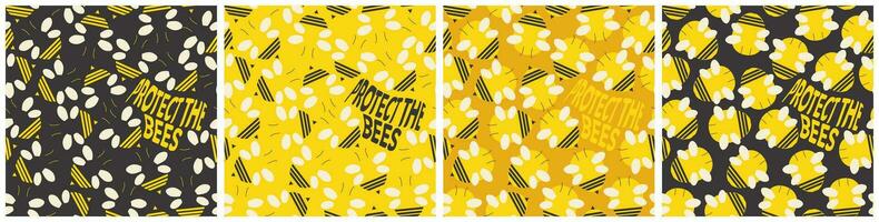 Set of 4 Minimalist and Colorful Bee seamless patterns in yellow, bee yellow, and black backgrounds with protect the bees message. For backgrounds, backdrops, designs, cards. Vector Illustration.