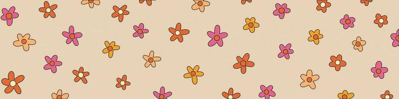 Vintage Cartoon Flowers on textured background. 1970s hand-drawn flowers banner. Retro floral header. Vector Illustration. EPS 10.