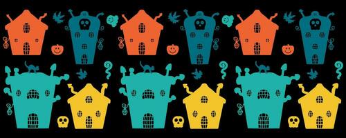 Spooky Halloween mug pattern with houses, pumpkins, cats, bats and ghosts. Perfect print for cup, banner, card. vector