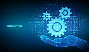 Automation and IOT software concept. Gears icons made with binary code in wireframe hand. Digital binary data and streaming digital code. Matrix background with digits 1.0. Vector Illustration.