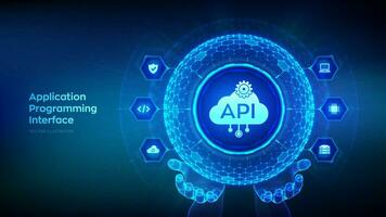 API. solicitud programación interfaz en el forma de esfera con hexágono cuadrícula modelo en estructura metálica manos. software desarrollo herramienta, nube informática tecnología concepto. vector ilustración.