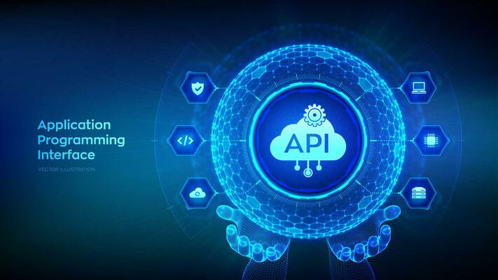 API. Application Programming Interface in the shape of sphere with hexagon grid pattern in wireframe hands. Software development tool, cloud computing technology concept. Vector illustration.