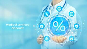 Medical services discount concept. Interest discounts on medicines in a pharmacy. Doctor holding in hand percent sign and medicine icons network connection on virtual screen. Vector illustration.