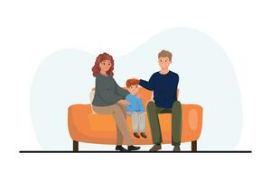 Supporting parents sitting on the couch and talking to their sad crying son. Family support, childhood, parenting. vector