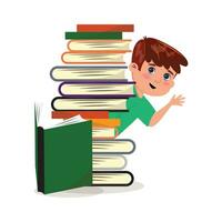 Cute little school boy standing and waving behind the books vector