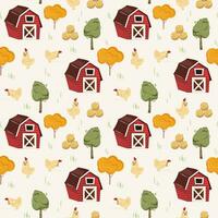 Cartoon seamless pattern with chickens and barn. For textile, paper, wrapping paper, packaging, wallpaper. vector