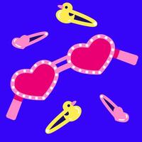 Cute pink heart shaped glasses. Cute hairpins with hearts and duckies. Vector illustration of y2k, 2000s, 1990s, 1980s.