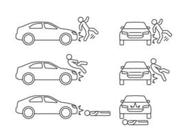 Car crash with people, accident of transport, line art icon set. Collision with an obstacle person. Knock down pedestrian. Vector outline illustration