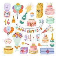 Cute hand drawn birthday set. Trendy holiday elements, party decoration, cupcakes, candles, gifts, balloons, party hat. Happy Birthday clipart collection for kid. Symbol of celebration, anniversary. vector