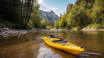 activo ocio, turismo. amarillo kayac cerca río banco, montaña antecedentes. ai generado. foto