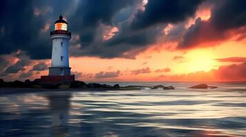 faro en temperamental cielo puesta de sol con hermosa nocturno marina. faro día concepto ai generativo foto