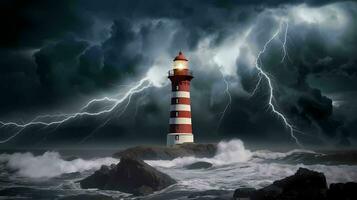 Lighthouse in the middle of a storm on the sea with lightning in the dark sky AI Generative photo