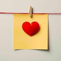 amarillo Nota papel con rojo corazón ornamento foto
