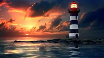 Lighthouse in moody sky sunset with beautiful nightly seascape. Lighthouse day concept AI Generative photo