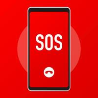 SOS lettering in a phone icon isolated on white background. Warning bell, help sign. Flat design. Vector Illustration.