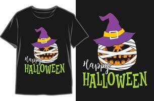 Happy Halloween Black T-shirt Design. Halloween Mummy Pumpkin T-shirt Design. vector